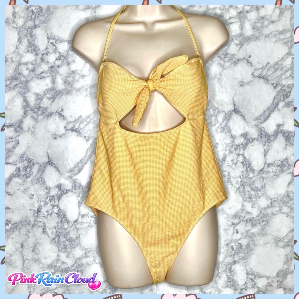 No Boundaries Orange Gingham Y2K Textured Halter Tie Front Swimsuit JRS Large